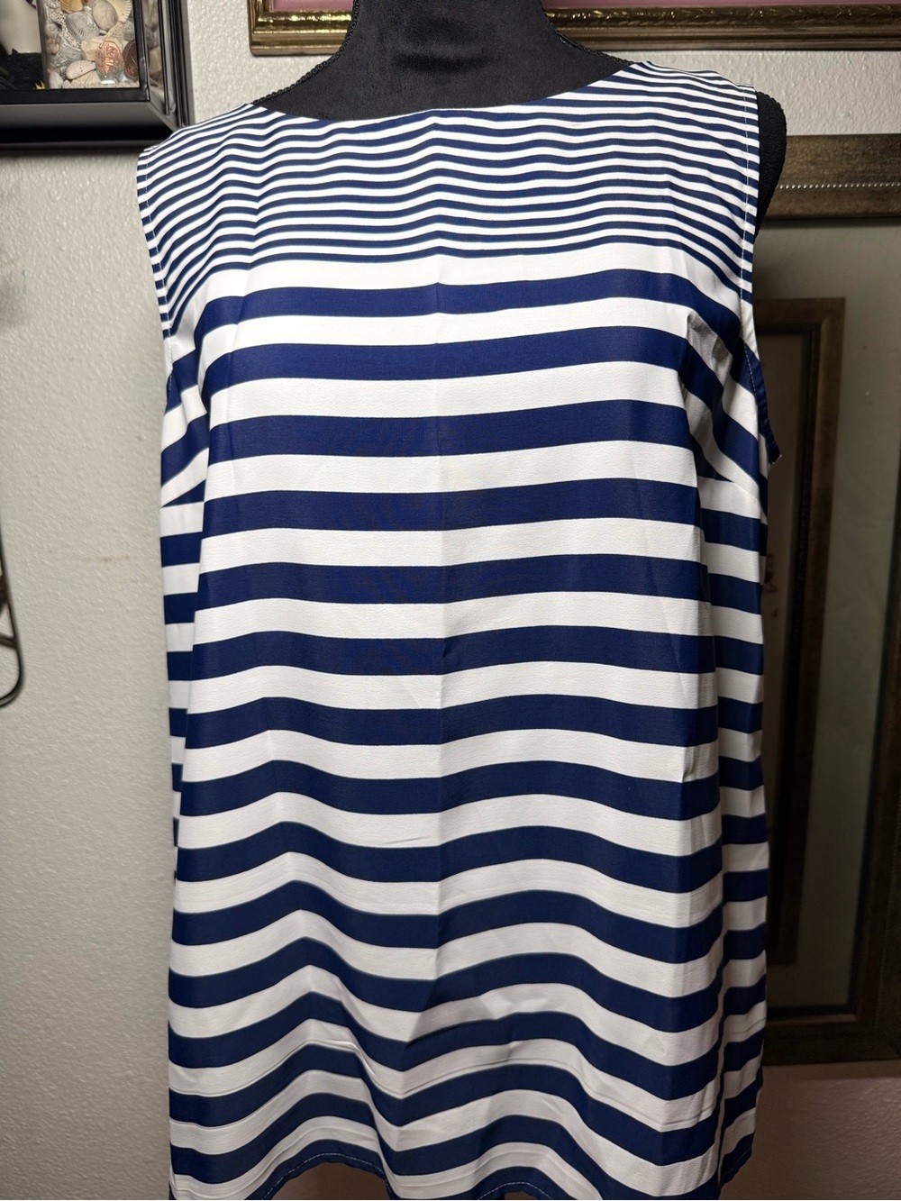 Tommy Hilfiger Navy Blue White Striped Sleeveless Boatneck Tank Top •Size XL•